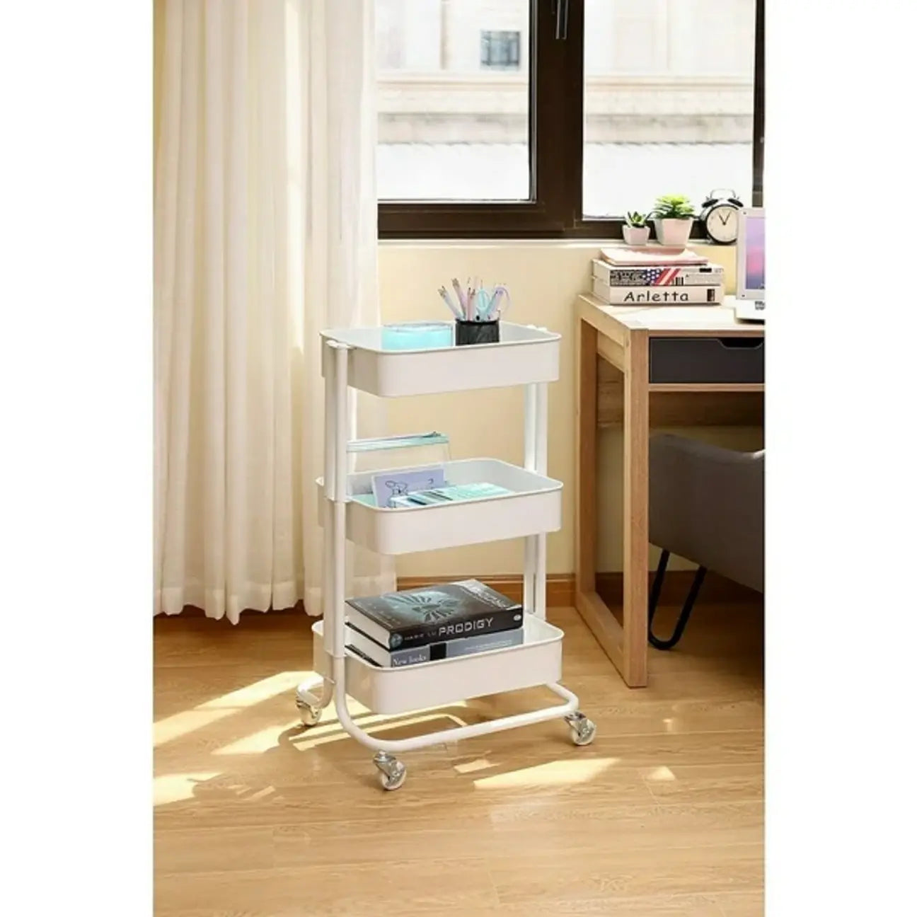 White 3-Tier Plastic Rolling Cart - Multipurpose Storage pen_spark
