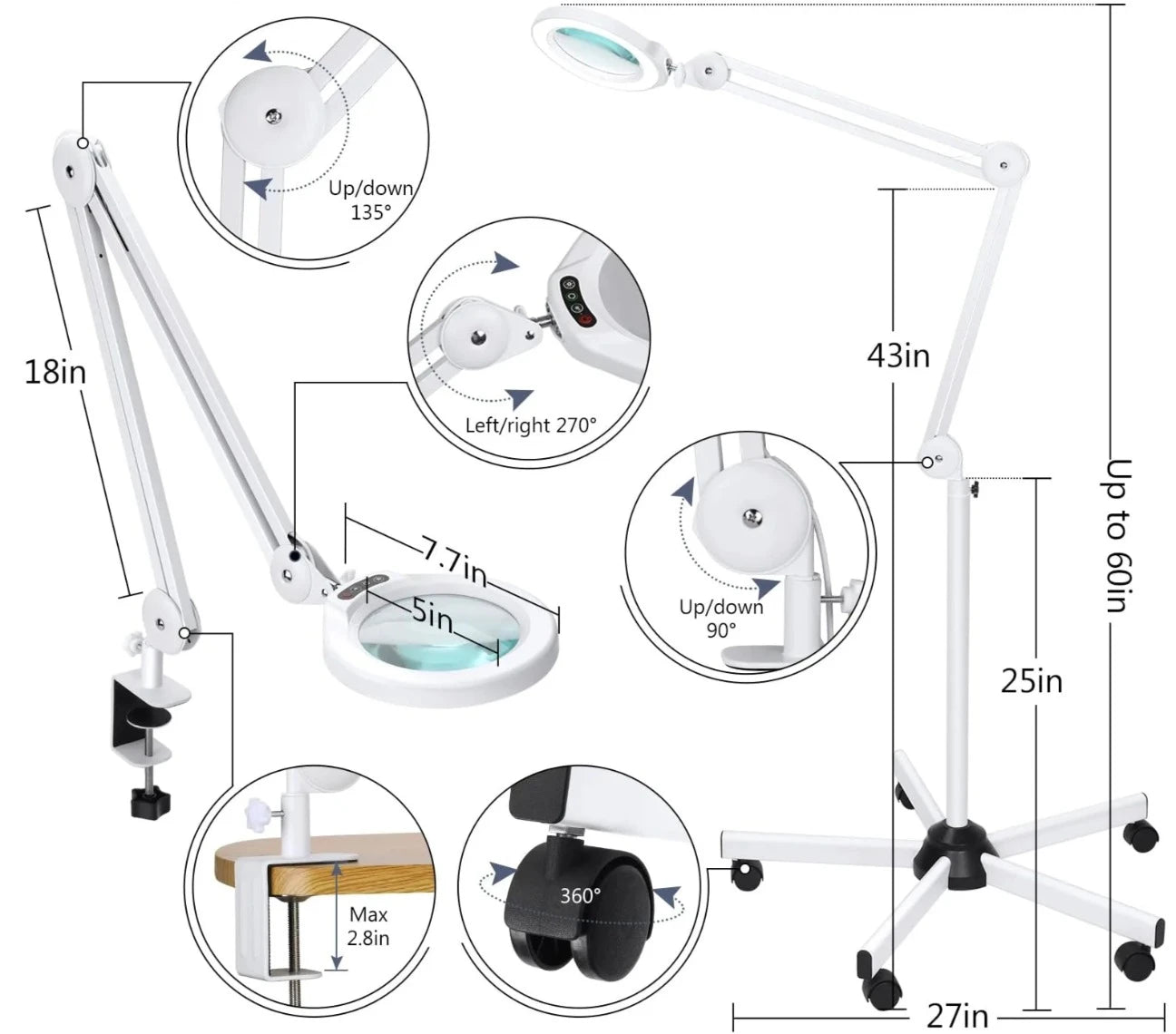 Magnifier with customizable 1200 lumens lighting and 60 long-lasting LEDs