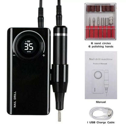 Nail care tool equipped with a 2600mAh rechargeable battery, providing approximately 12 hours of usage, with an LCD high-definition display for easy monitoring