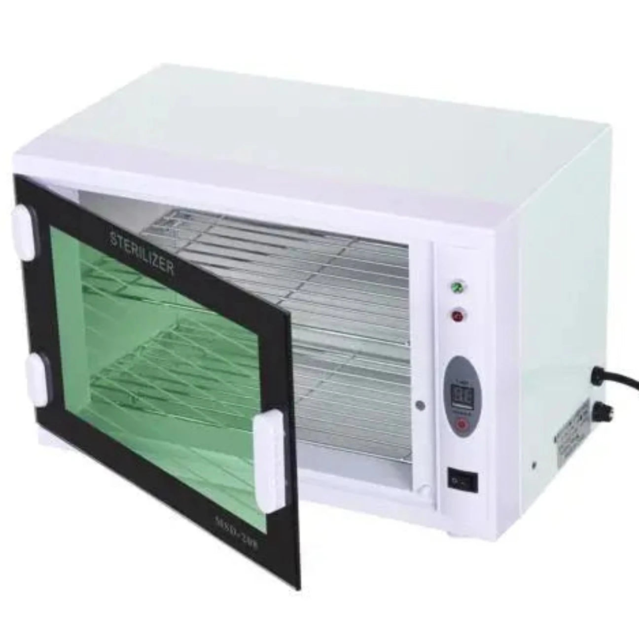 Sterilization equipment with double removable racks, providing versatile storage options in the 8L capacity chamber, suitable for beauty salons and spas